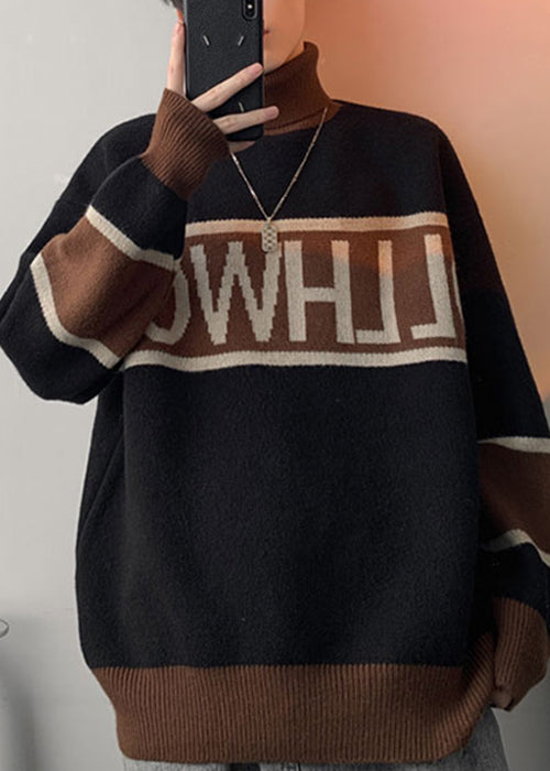 Loose White Turtleneck Letter Patchwork Knit Sweater Winter Rj048