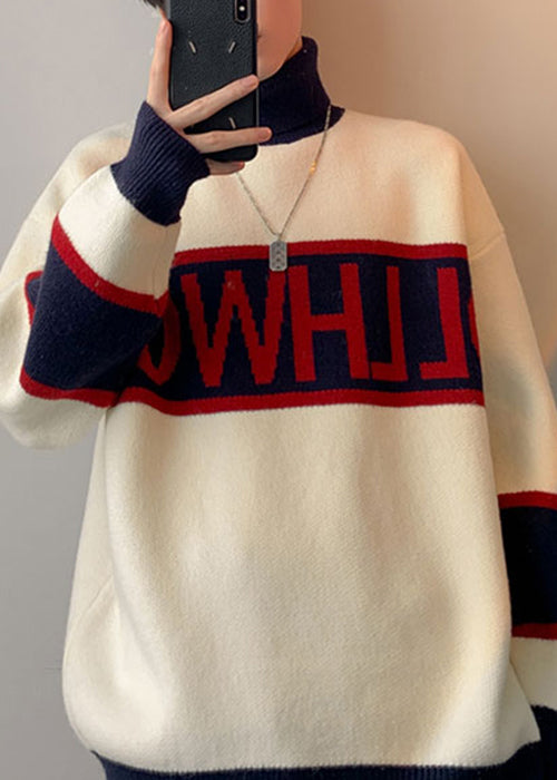 Loose White Turtleneck Letter Patchwork Knit Sweater Winter Rj048