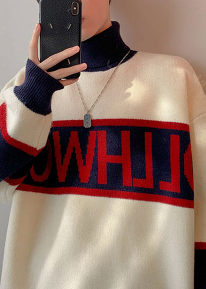 Loose White Turtleneck Letter Patchwork Knit Sweater Winter Rj048