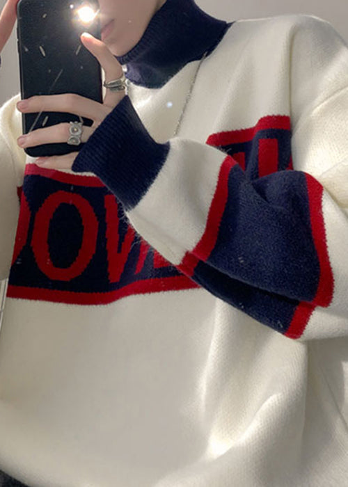Loose White Turtleneck Letter Patchwork Knit Sweater Winter Rj048