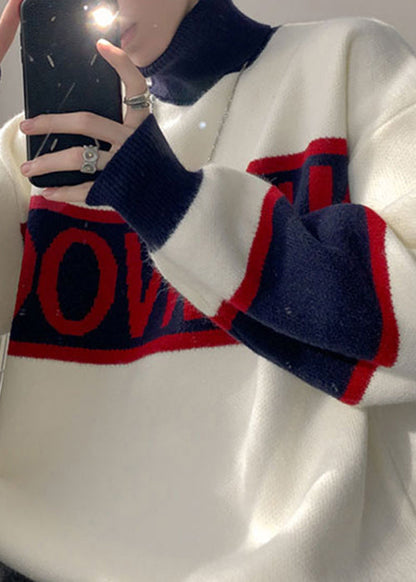 Loose White Turtleneck Letter Patchwork Knit Sweater Winter Rj048