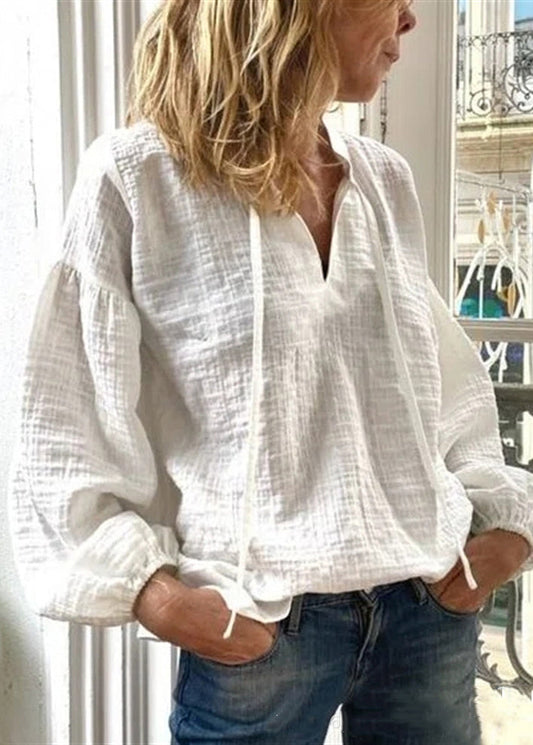 Loose White V Neck Lace Up Linen Blouses Long Sleeve Ff035