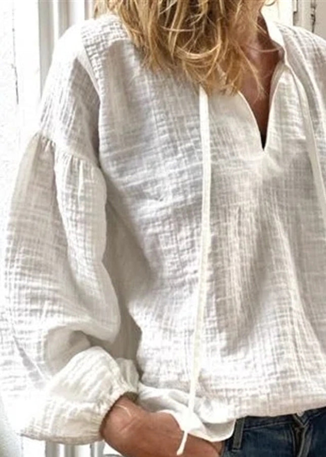 Loose White V Neck Lace Up Linen Blouses Long Sleeve Ff035
