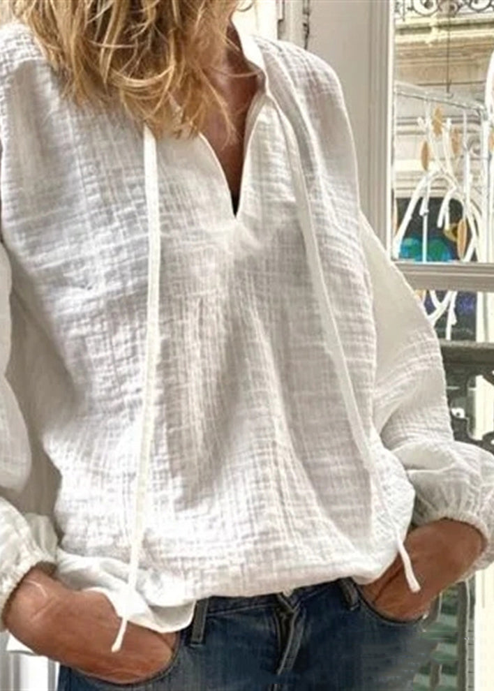Loose White V Neck Lace Up Linen Blouses Long Sleeve Ff035