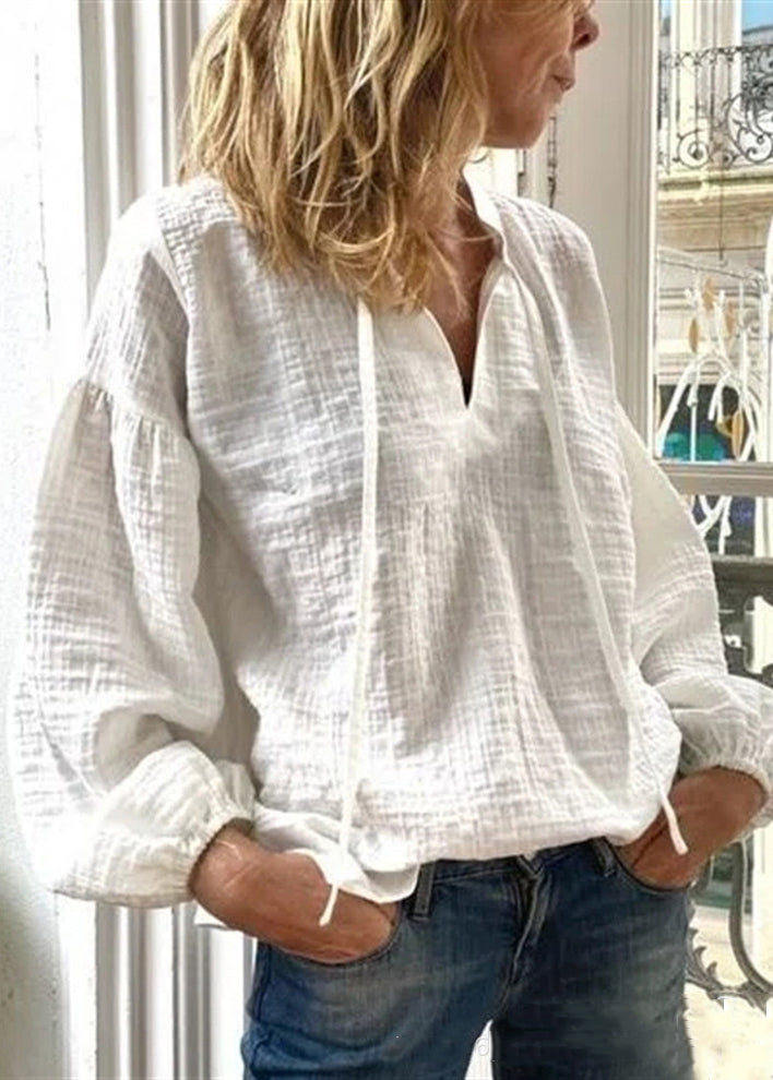 Loose White V Neck Lace Up Linen Blouses Long Sleeve Ff035