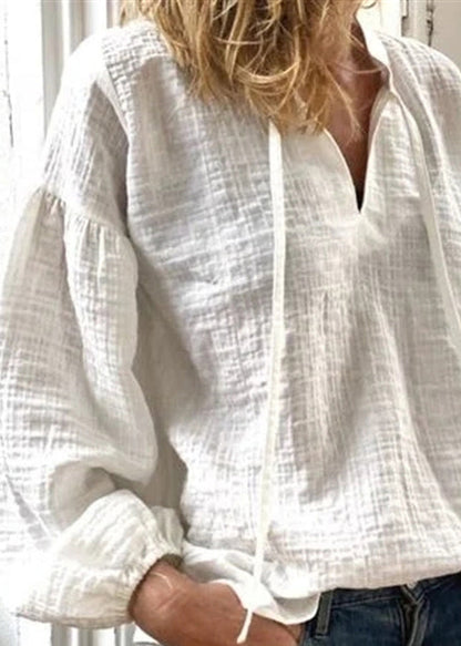 Loose White V Neck Lace Up Linen Blouses Long Sleeve Ff035