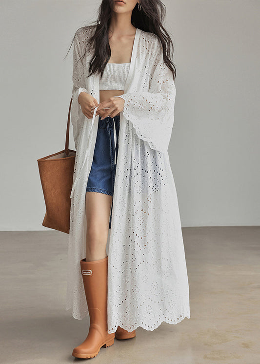 Loose White V Neck Patchwork Hollow Out Cardigans Flare Sleeve Uu1043