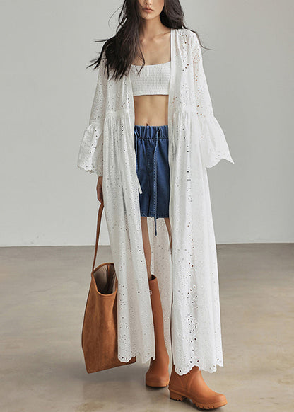 Loose White V Neck Patchwork Hollow Out Cardigans Flare Sleeve Uu1043