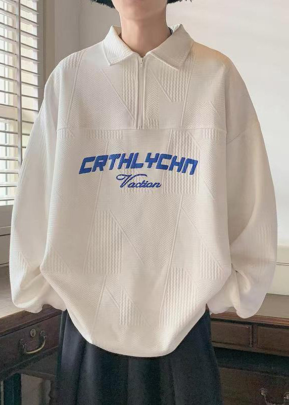 Cotton Tc034 Sweatshirts Loose Polo White Letter Zippered Spring