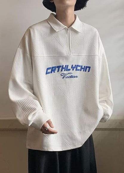 Cotton Tc034 Sweatshirts Loose Polo White Letter Zippered Spring