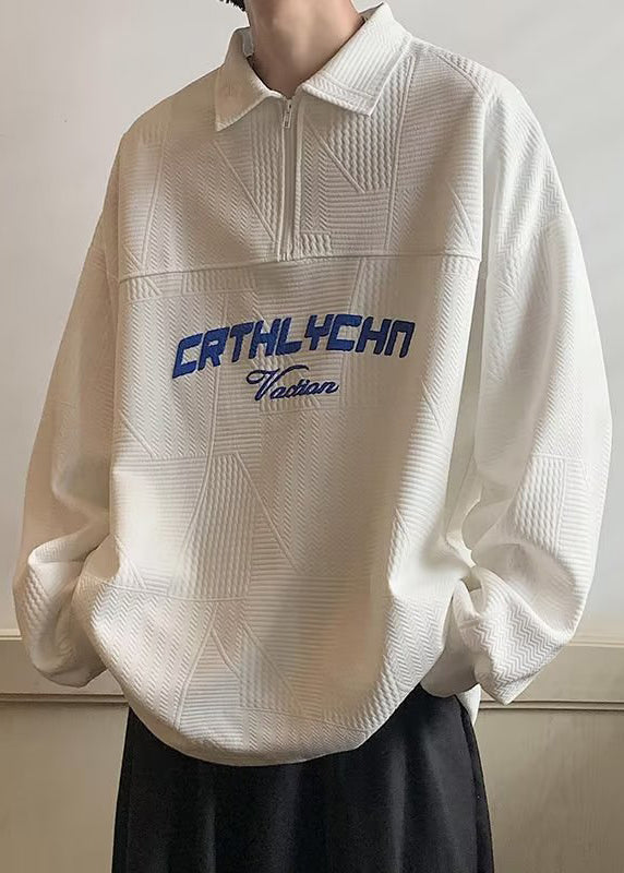 Cotton Tc034 Sweatshirts Loose Polo White Letter Zippered Spring