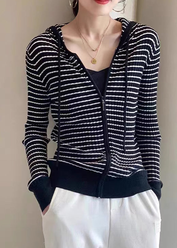 Loose White Zippered Patchwork Striped Wool Knit Hooded Cardigans Fall Qp021