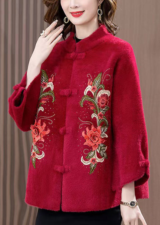 Loose Wine Red Embroidered Button Mink Velvet Coats Spring Rz016
