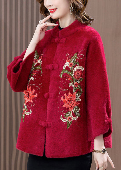 Loose Wine Red Embroidered Button Mink Velvet Coats Spring Rz016