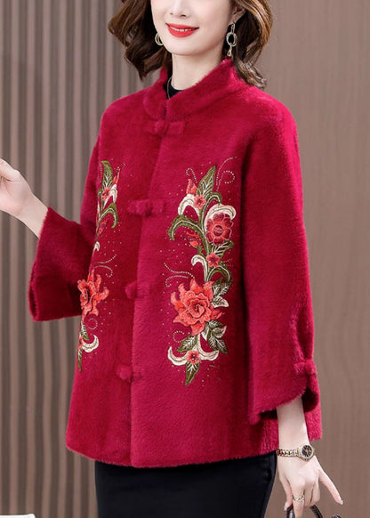Loose Wine Red Embroidered Button Mink Velvet Coats Spring Rz016