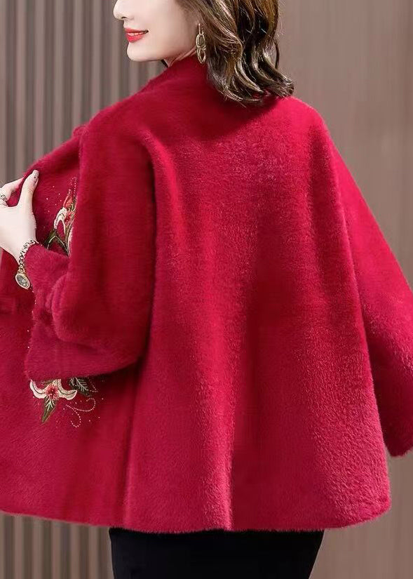 Loose Wine Red Embroidered Button Mink Velvet Coats Spring Rz016