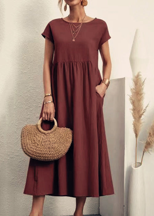 Loose Wine Red O Neck Pockets Cotton Long Dresses Summer Qe030