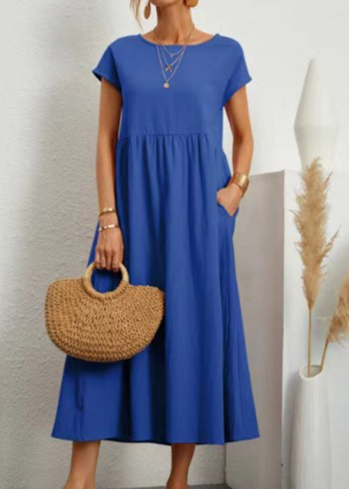 Loose Wine Red O Neck Pockets Cotton Long Dresses Summer Qe030