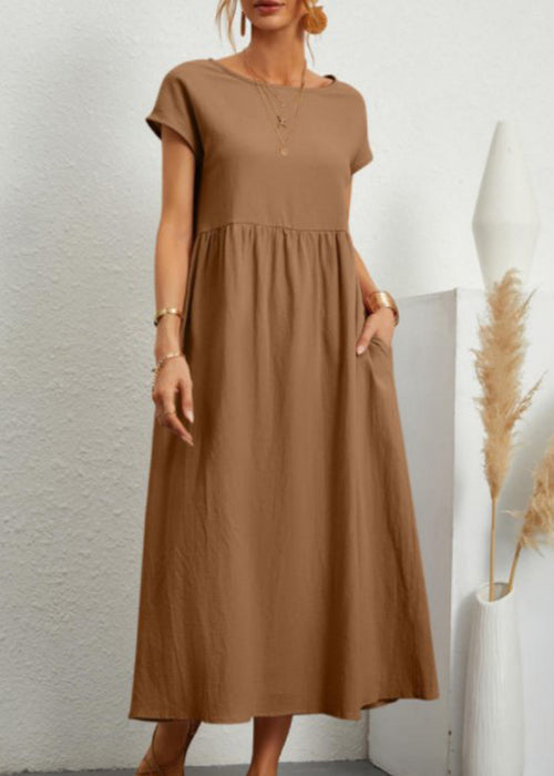 Loose Wine Red O Neck Pockets Cotton Long Dresses Summer Qe030