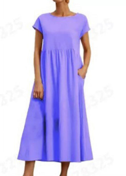 Loose Wine Red O Neck Pockets Cotton Long Dresses Summer Qe030