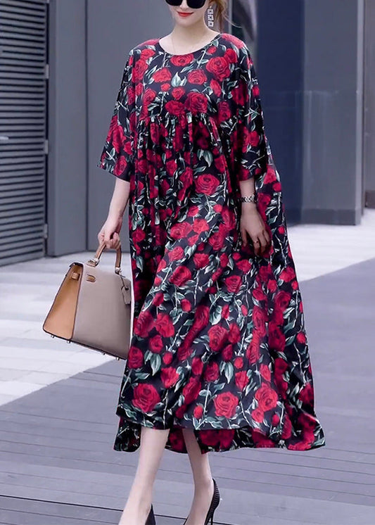 Loose Wine Red Print O Neck Silk Long Dresses Half Sleeve Op1018