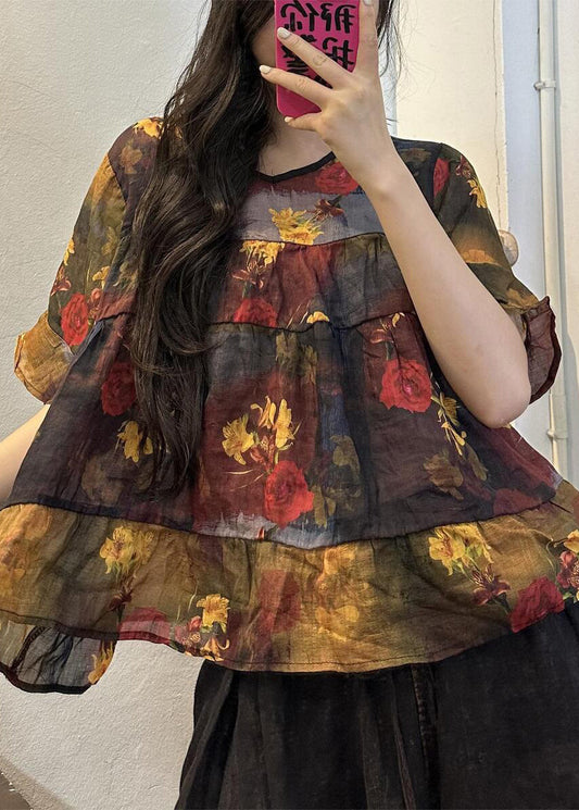 Loose Yellow O-neck Print Patchwork Linen Blouse Summer Vv091