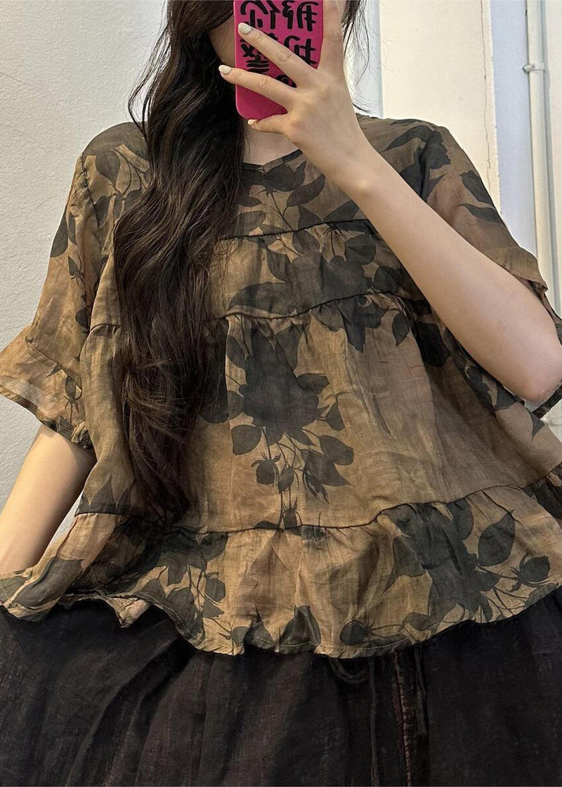 Loose Yellow O-neck Print Patchwork Linen Blouse Summer Vv091