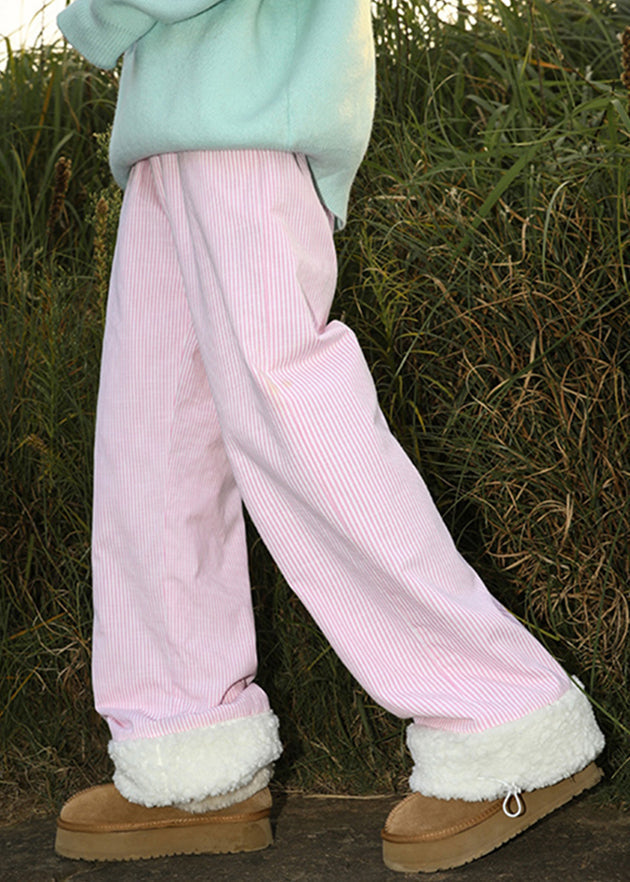 Loose Yellow Pockets Drawstring Warm Fleece Pants Winter Rm050