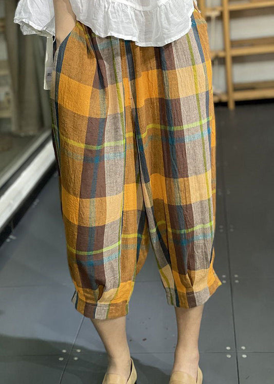 Loose Yellow Pockets Plaid Wrinkled Cotton Lantern Pants Summer Ly0604