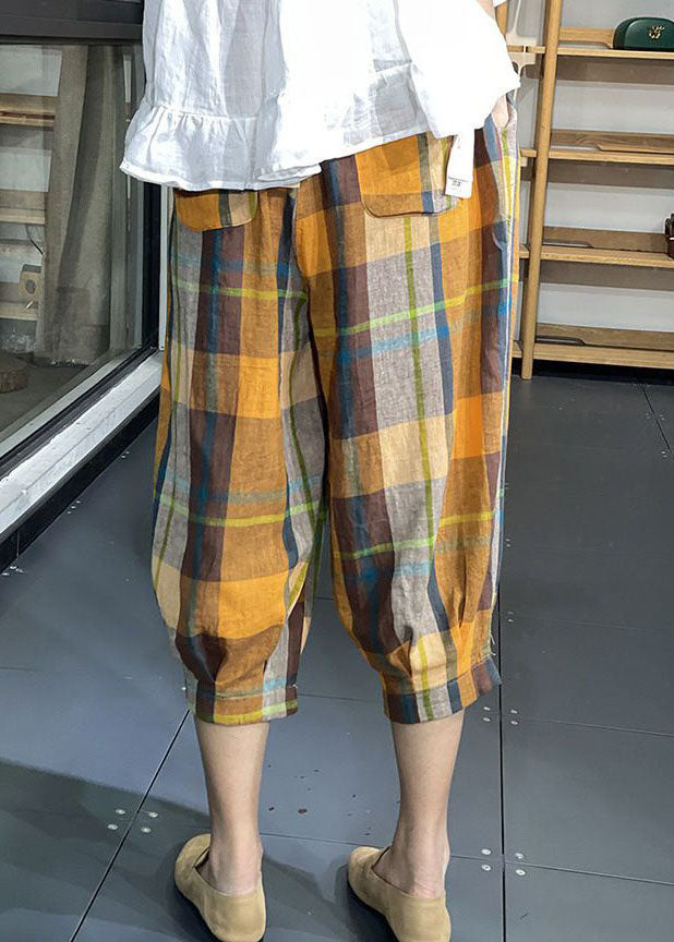 Loose Yellow Pockets Plaid Wrinkled Cotton Lantern Pants Summer Ly0604