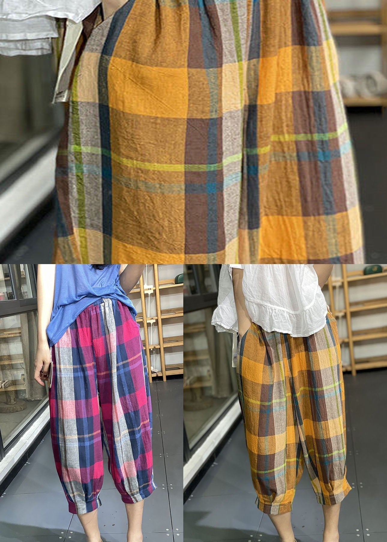 Rose Pockets Plaid Cotton Lantern Pants Wrinkled Summer Ly0632