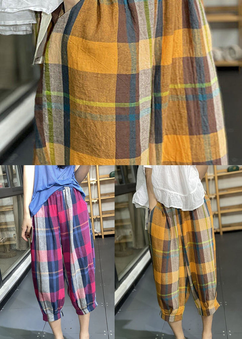 Rose Pockets Plaid Cotton Lantern Pants Wrinkled Summer Ly0632