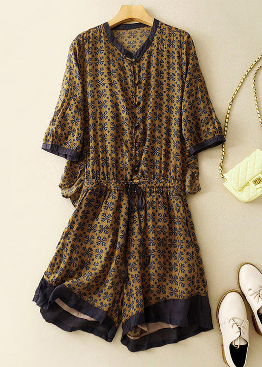Loose Yellow Print Drawstring Linen Jumpsuits Summer Am1050