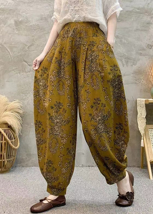 Loose Yellow Print Pockets Cotton Crop Pants Summer Re038