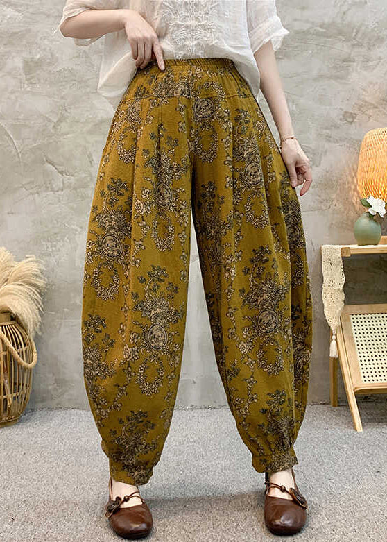 Loose Yellow Print Pockets Cotton Crop Pants Summer Re038