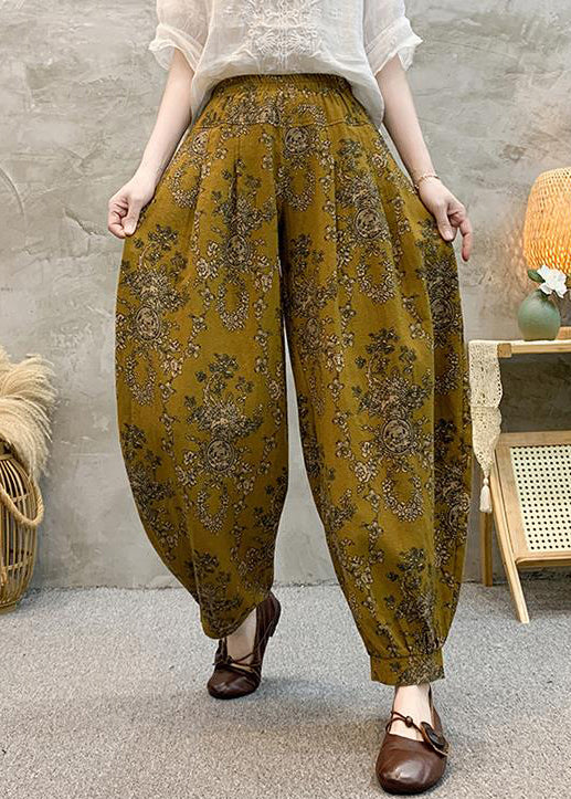 Loose Yellow Print Pockets Cotton Crop Pants Summer Re038