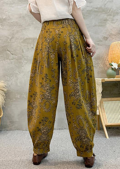 Loose Yellow Print Pockets Cotton Crop Pants Summer Re038