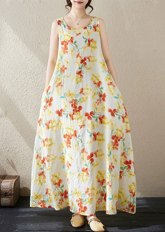 Loose Yellow Print Pockets Cotton Long Dress Sleeveless Jh037