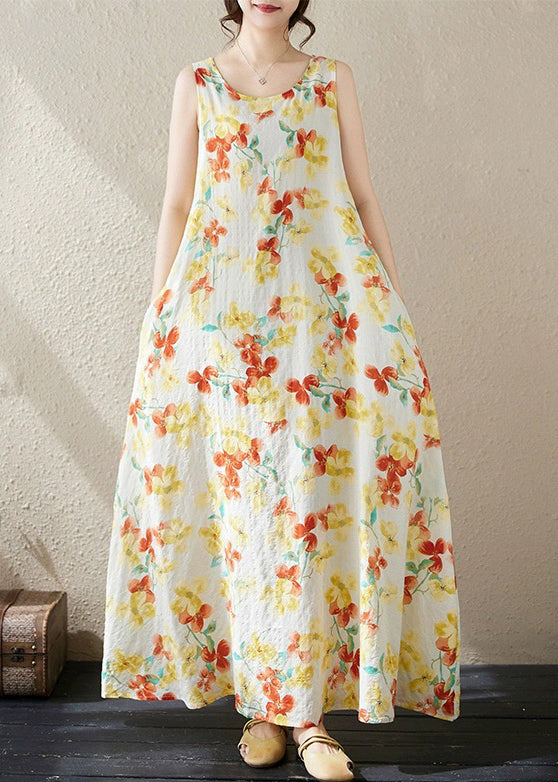 Loose Yellow Print Pockets Cotton Long Dress Sleeveless Jh037