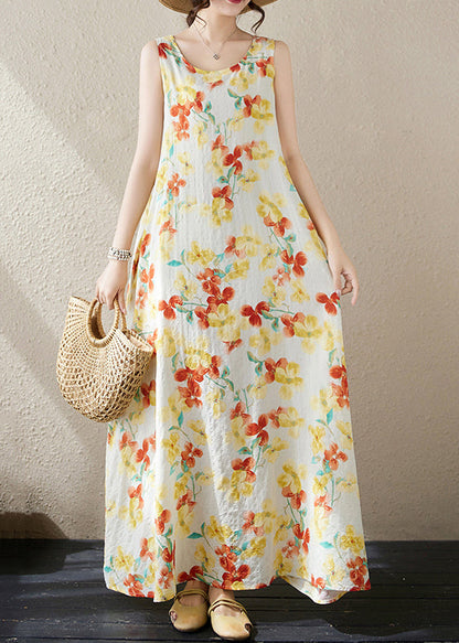 Loose Yellow Print Pockets Cotton Long Dress Sleeveless Jh037