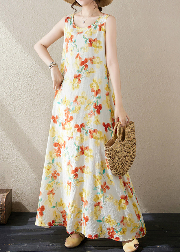 Loose Yellow Print Pockets Cotton Long Dress Sleeveless Jh037
