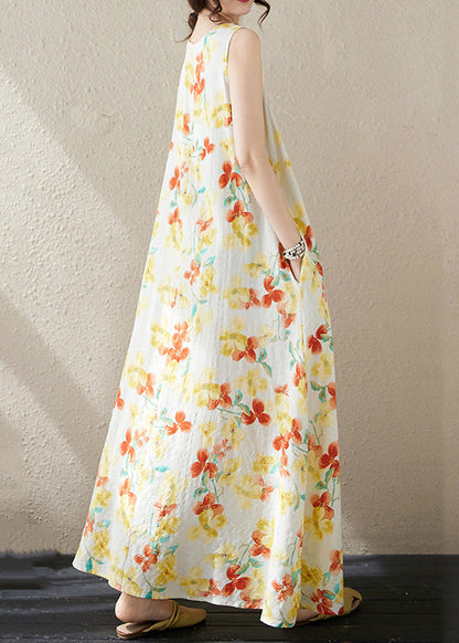 Loose Yellow Print Pockets Cotton Long Dress Sleeveless Jh037