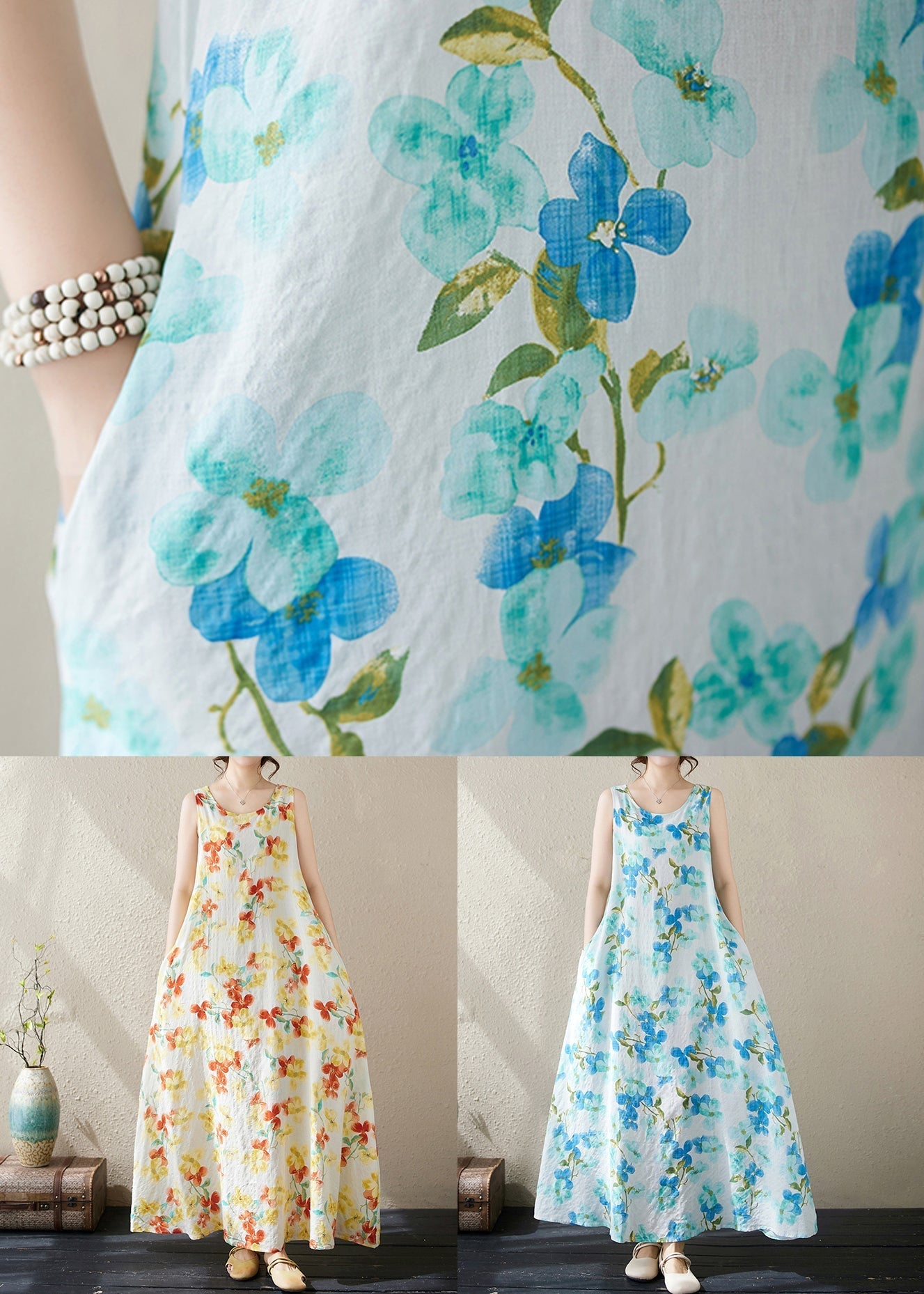 Blue Pockets Cotton Long Dresses O Neck Summer Jh038