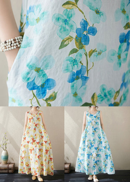 Blue Pockets Cotton Long Dresses O Neck Summer Jh038