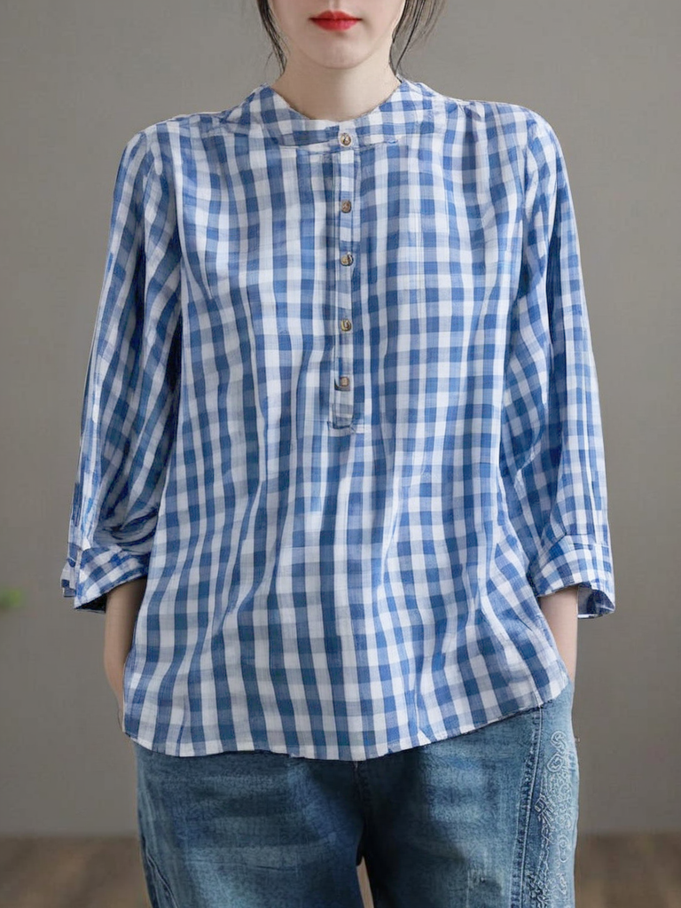 Grace Blue Plaid Stand Collar Cotton Blouses Bracelet Sleeve Qr023