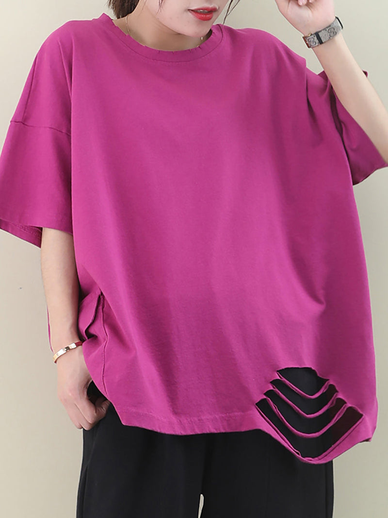 Loose Pure Color Hole Hem Summer T-shirt Aa1021