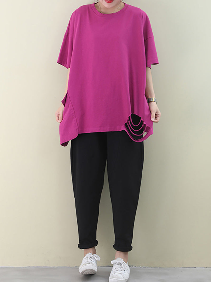 Loose Pure Color Hole Hem Summer T-shirt Aa1021