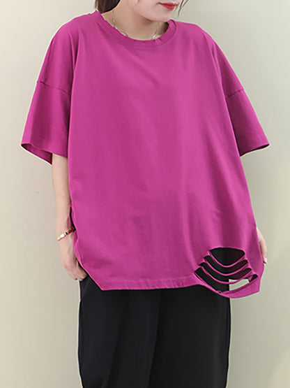 Loose Pure Color Hole Hem Summer T-shirt Aa1021