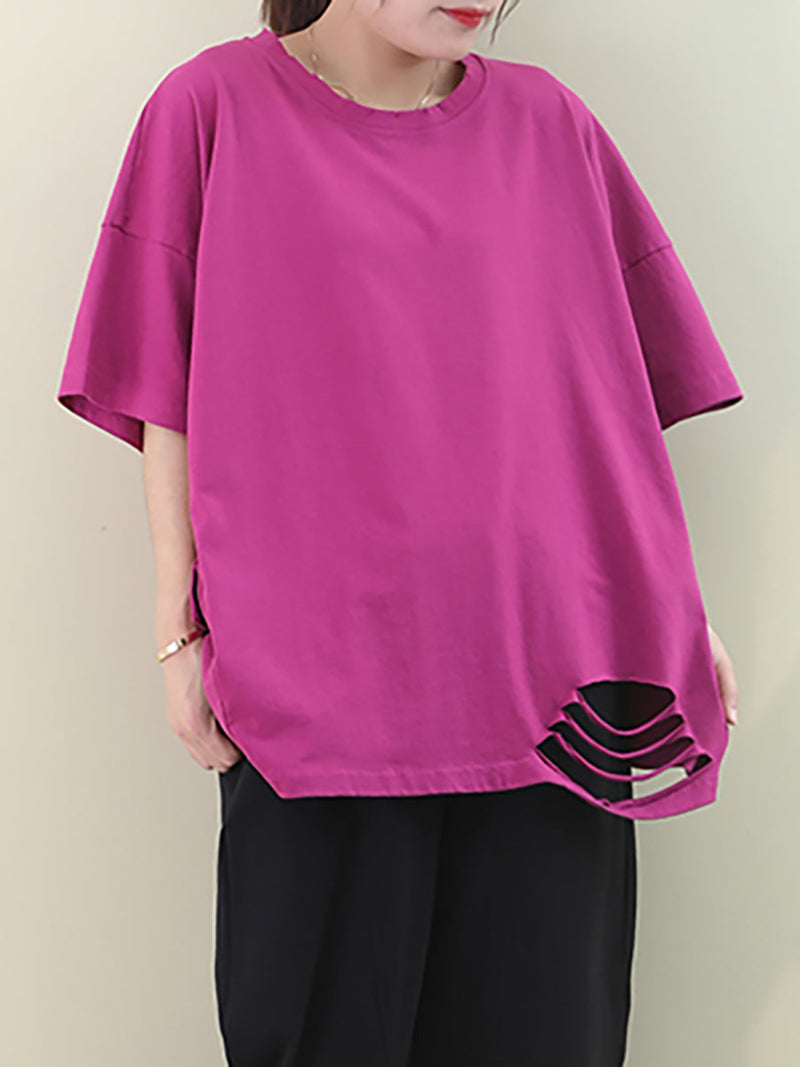 Loose Pure Color Hole Hem Summer T-shirt Aa1021