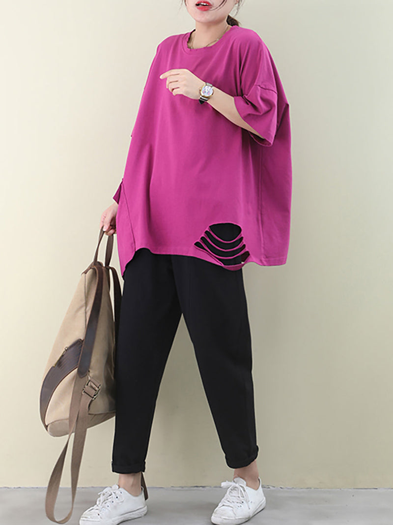 Loose Pure Color Hole Hem Summer T-shirt Aa1021